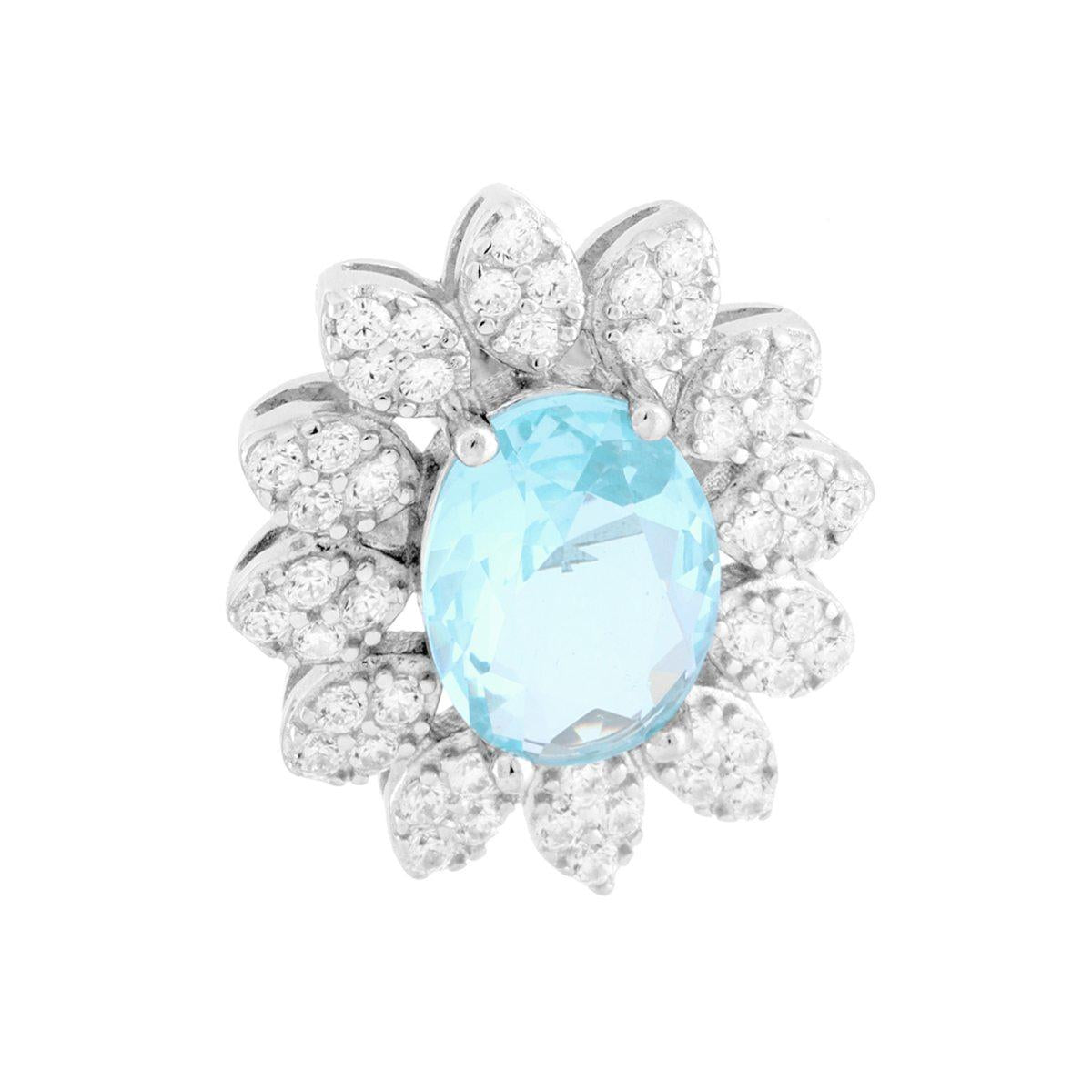 Ciondolo Fiore Ovale Acquamarina contornato da Cubic Zirconia Bianchi in ARGENTO 925 Galvanica Rodio