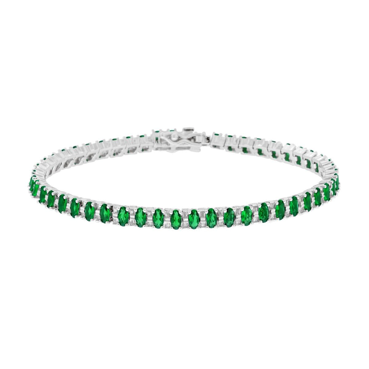 Bracciale Tennis Griffe con Ovali Verde Smeraldo e Cubic Zirconia Bianchi in ARGENTO 925 Galvanica Rodio