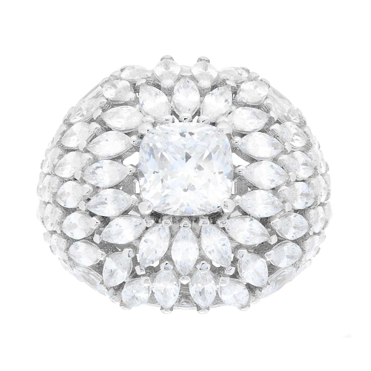 Anello Solitario modello Fascione con Cubic Zirconia Bianchi taglio Cushion e Marquise in ARGENTO 925 Galvanica Rodio
