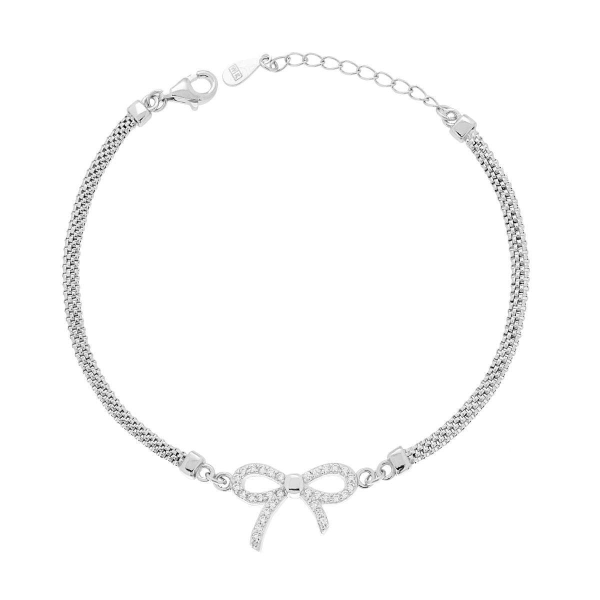 Bracciale Catena Tulipano con Fiocco e Cubic Zirconia Bianchi in ARGENTO 925 Galvanica Rodio