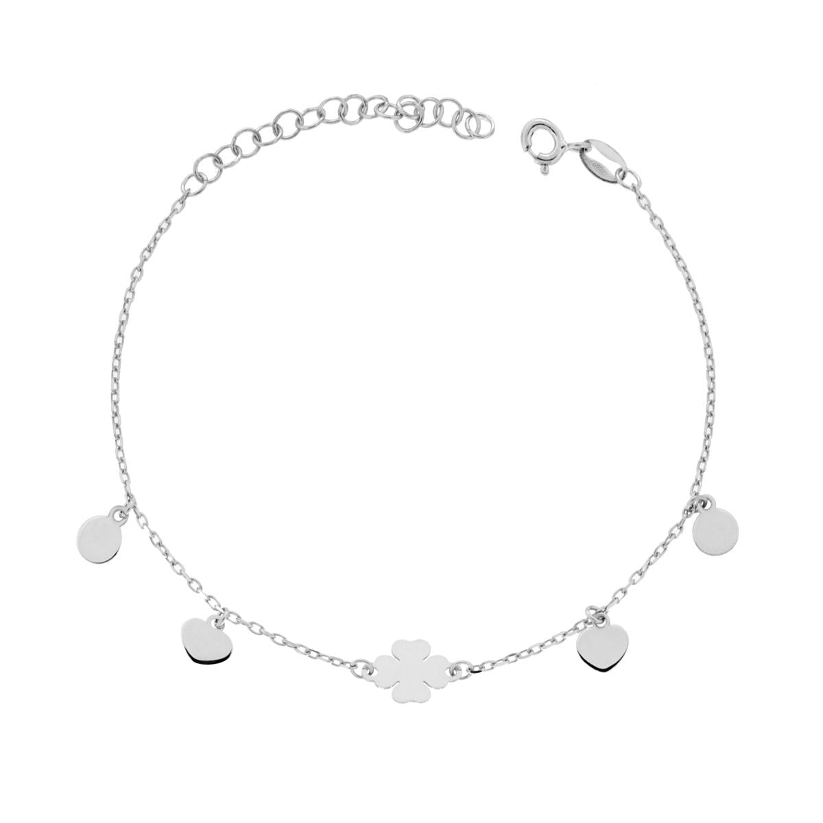 Bracciale Catena Forzatina Diamantata con Cuori e Quadrifoglio plain in ARGENTO 925 Galvanica Rodio