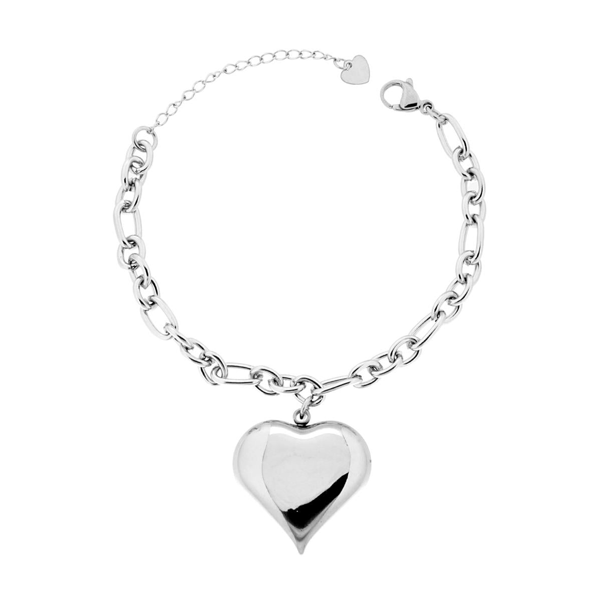 Bracciale Catena Figaro alternata con Cuore Bombato pendente in ACCIAIO