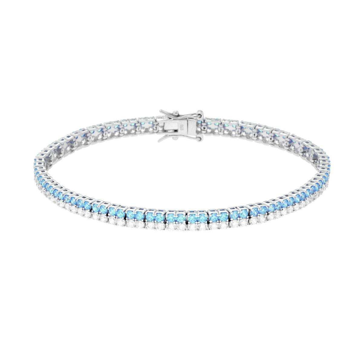 Bracciale Tennis Griffe cm 18 due fili Zirconi mm 2 Acquamarina e Bianco in ARGENTO Galvanica Rodio