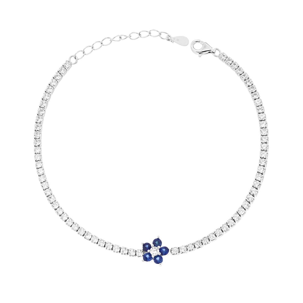 Bracciale Tennis con Fiore Blu Zaffiro e Cubic Zirconia Bianchi in ARGENTO Galvanica Rodio