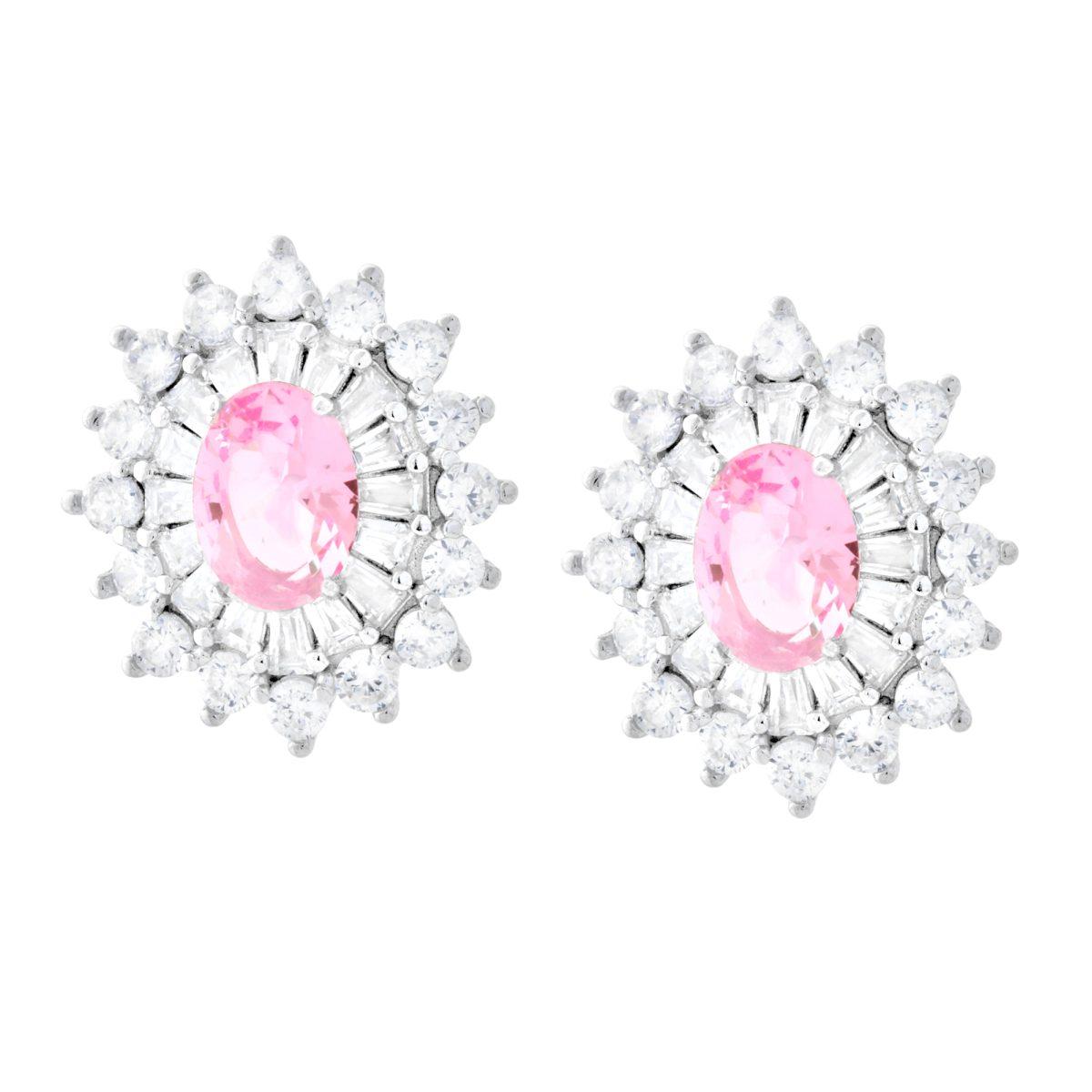 Orecchini Ovale Rosa contornato da Cubic Zirconia Trapezio Bianchi in ARGENTO 925 Galvanica Rodio