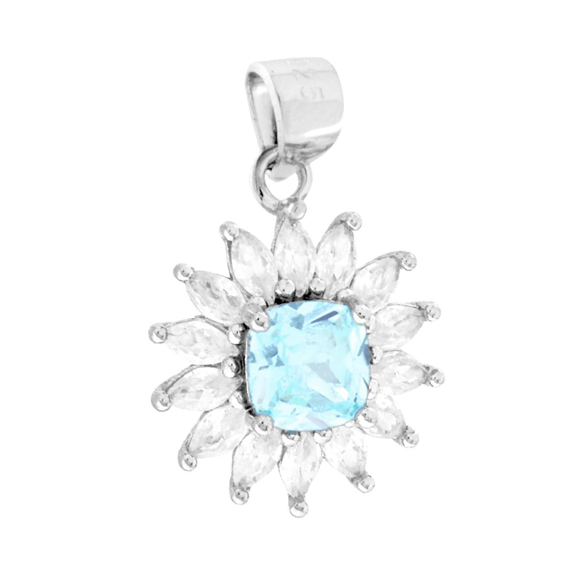 Ciondolo Quadrato Acquamarina contornato da Cubic Zirconia Marquise Bianchi in ARGENTO 925 Galvanica Rodio
