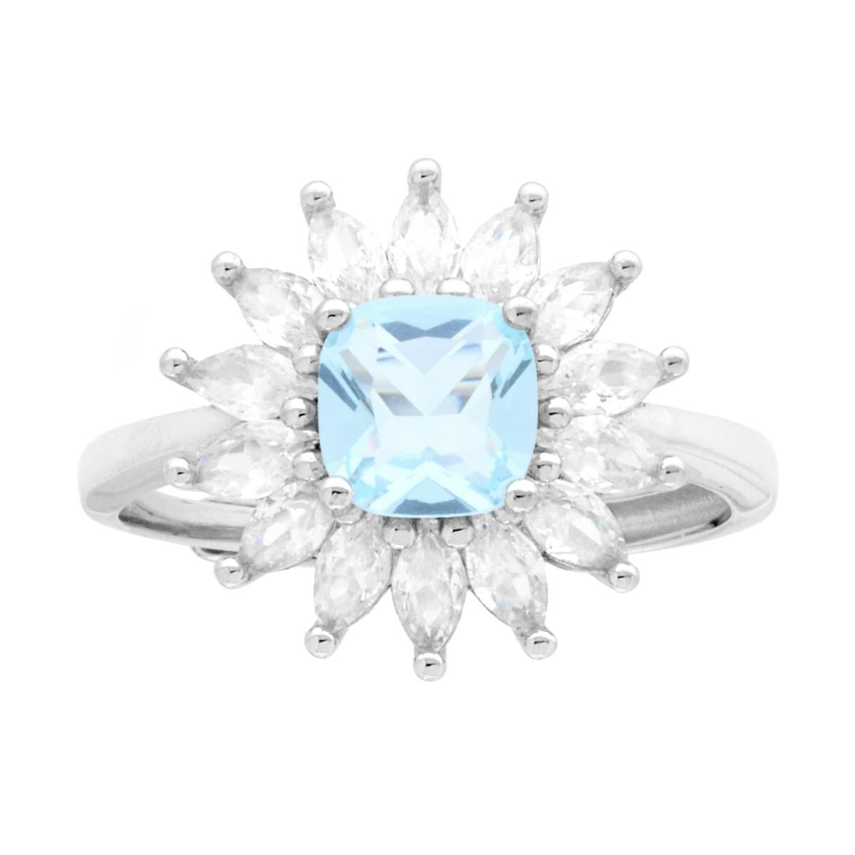 Anello Solitario Quadrato Acquamarina contornato da Cubic Zirconia Marquise Bianchi in ARGENTO 925 Galvanica Rodio