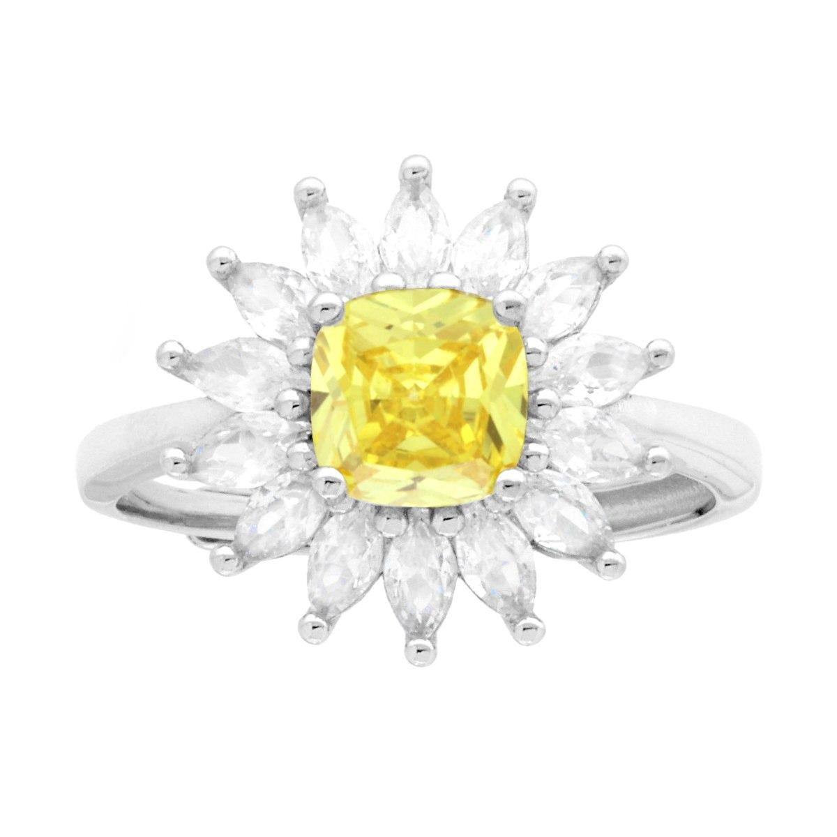 Anello Solitario Quadrato Topazio Giallo contornato da Cubic Zirconia Marquise Bianchi in ARGENTO 925 Galvanica Rodio