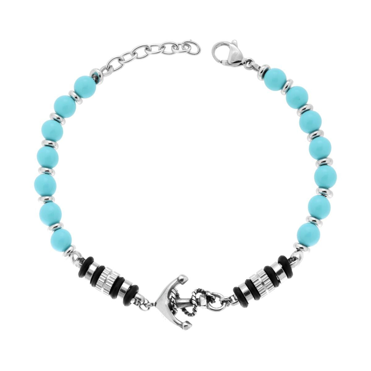 Bracciale Catena con Pietre Naturali colore Turchese con Ancora in ACCIAIO