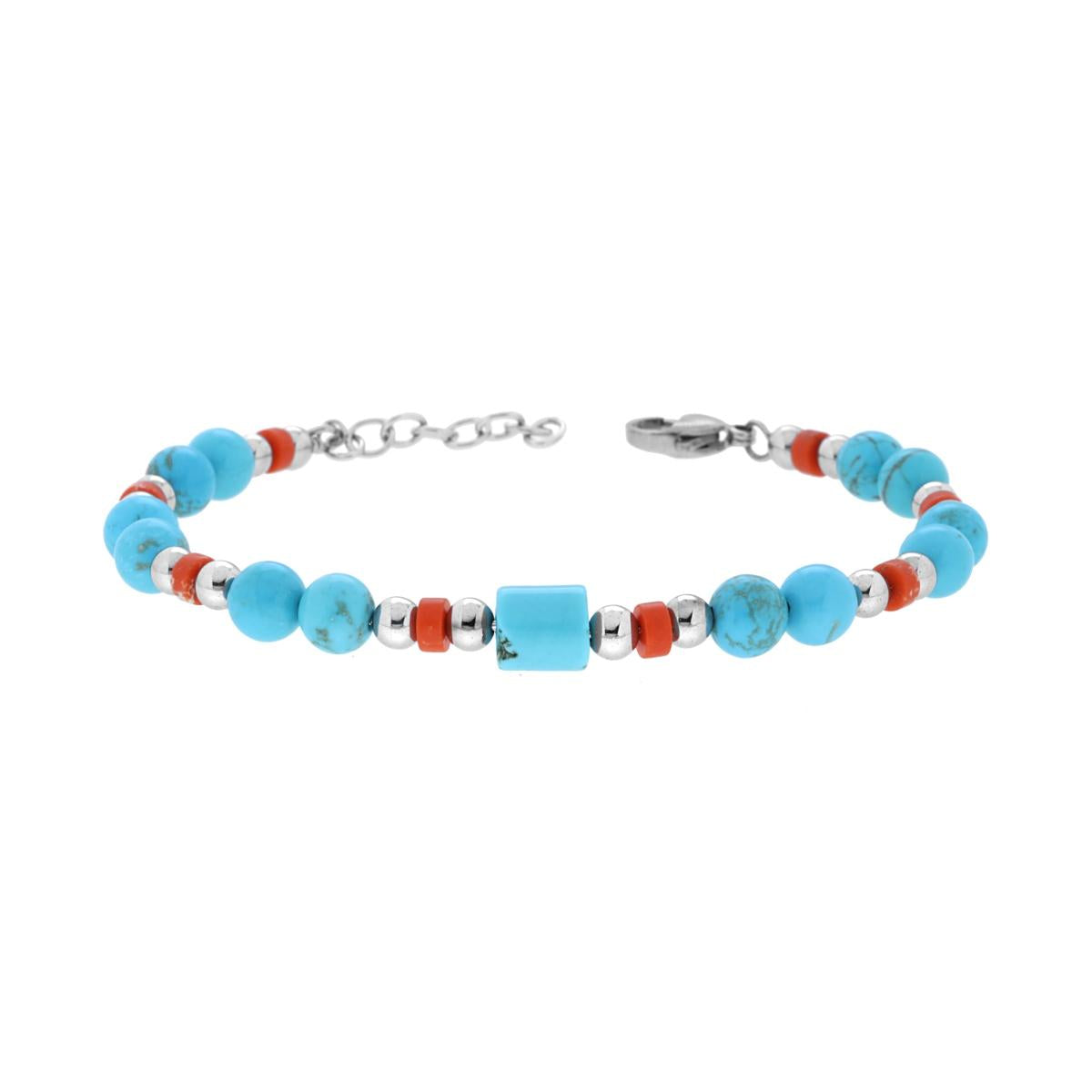 Bracciale Catena con Pietre Naturali Turchese e Corallo e accessori in ACCIAIO