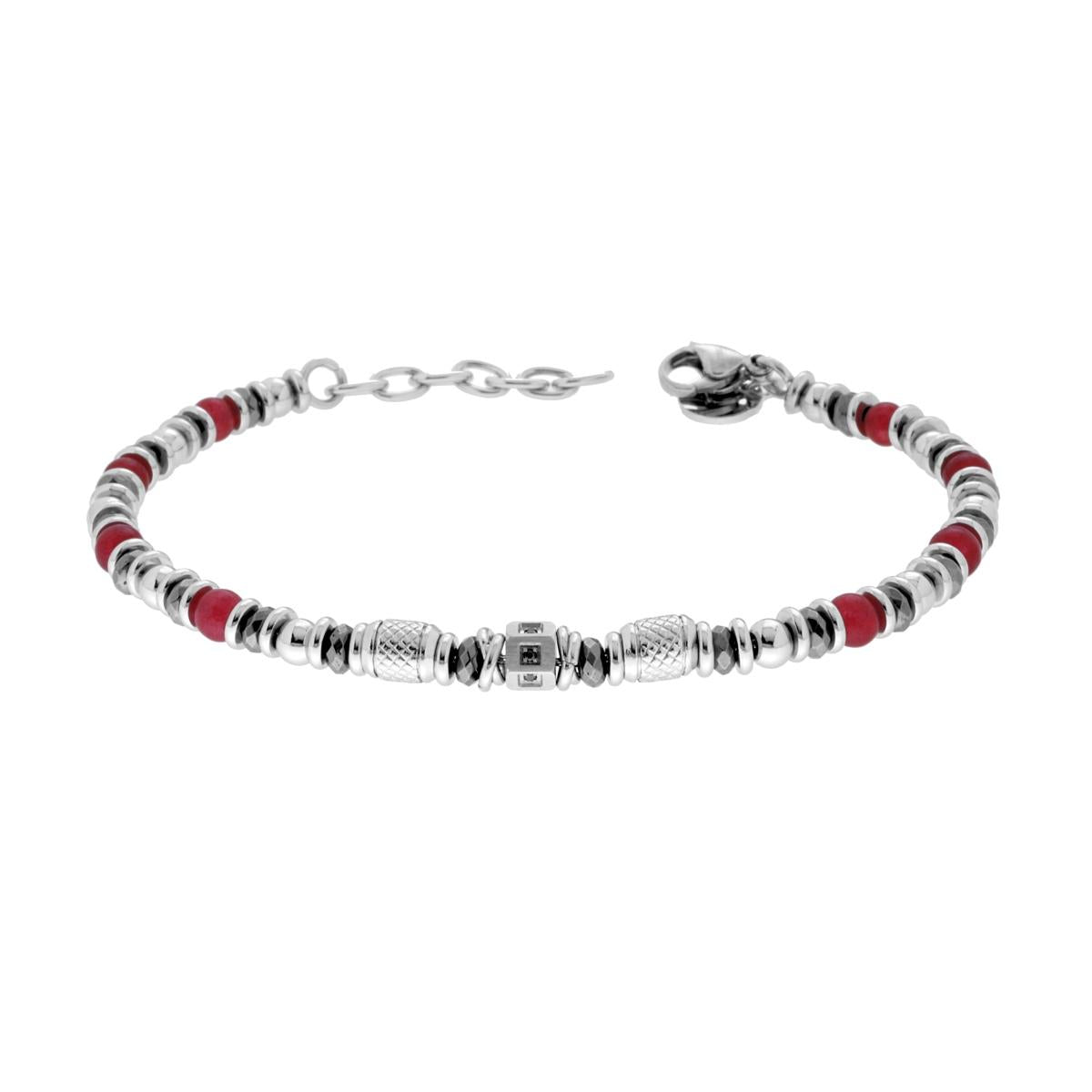 Bracciale Catena con Pietre colore Rosso Rubino Crystal Nero e Accessori in ACCIAIO