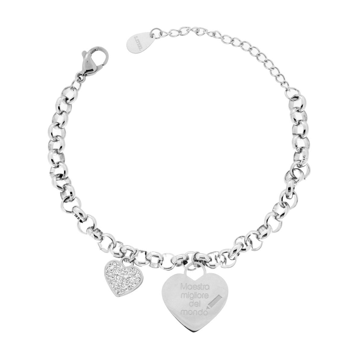 Bracciale Catena Rolo con Cuori e Incisione Dedica a Maestra con Crystal Bianchi in ACCIAIO