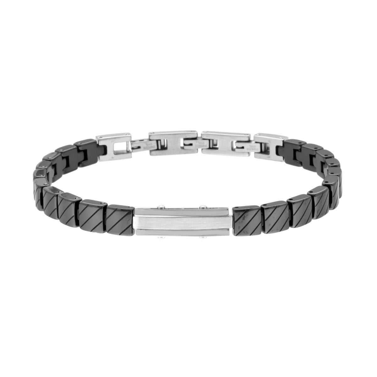 Bracciale Uomo Catena Imperniata Maglia Quadrata in Ceramica Antracite con Targa in ACCIAIO