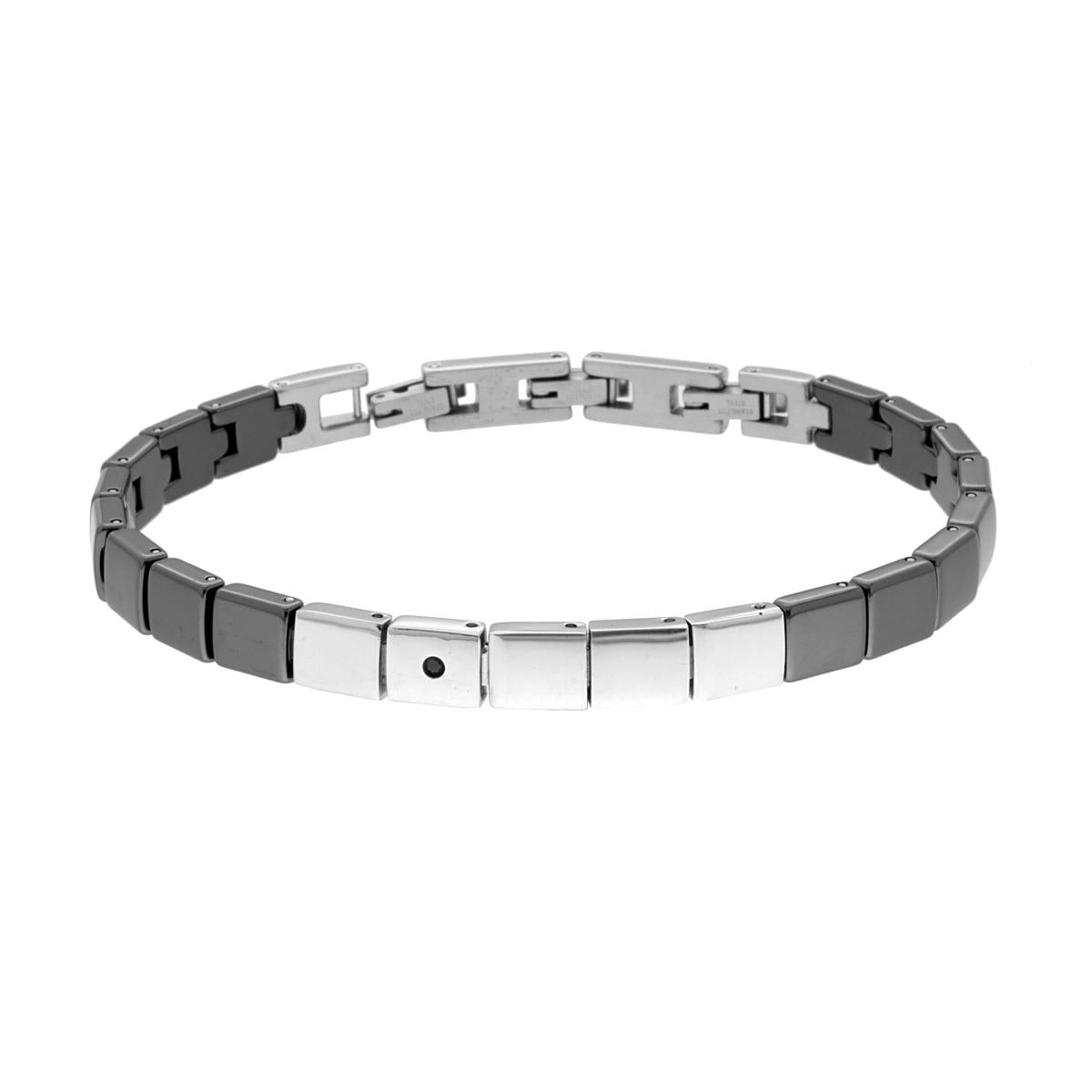 Bracciale Uomo Catena Imperniata Maglia Quadrata in Ceramica Antracite con Crystal Nero in ACCIAIO