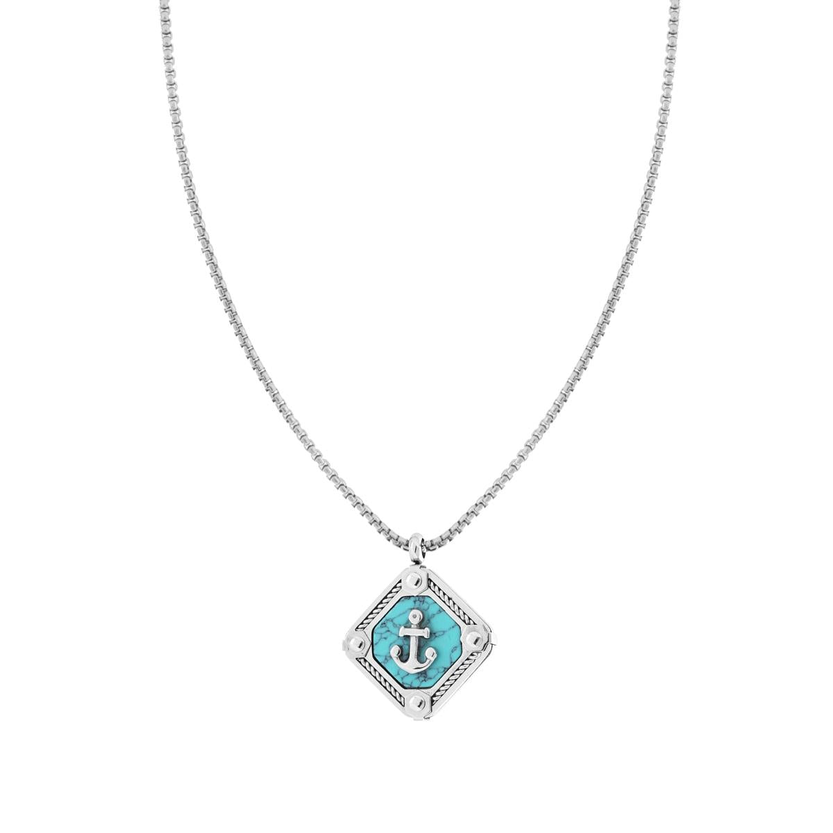 Collana Uomo Catena Veneziana Tonda con Rombo Ancora e Pietra Turchese in ACCIAIO