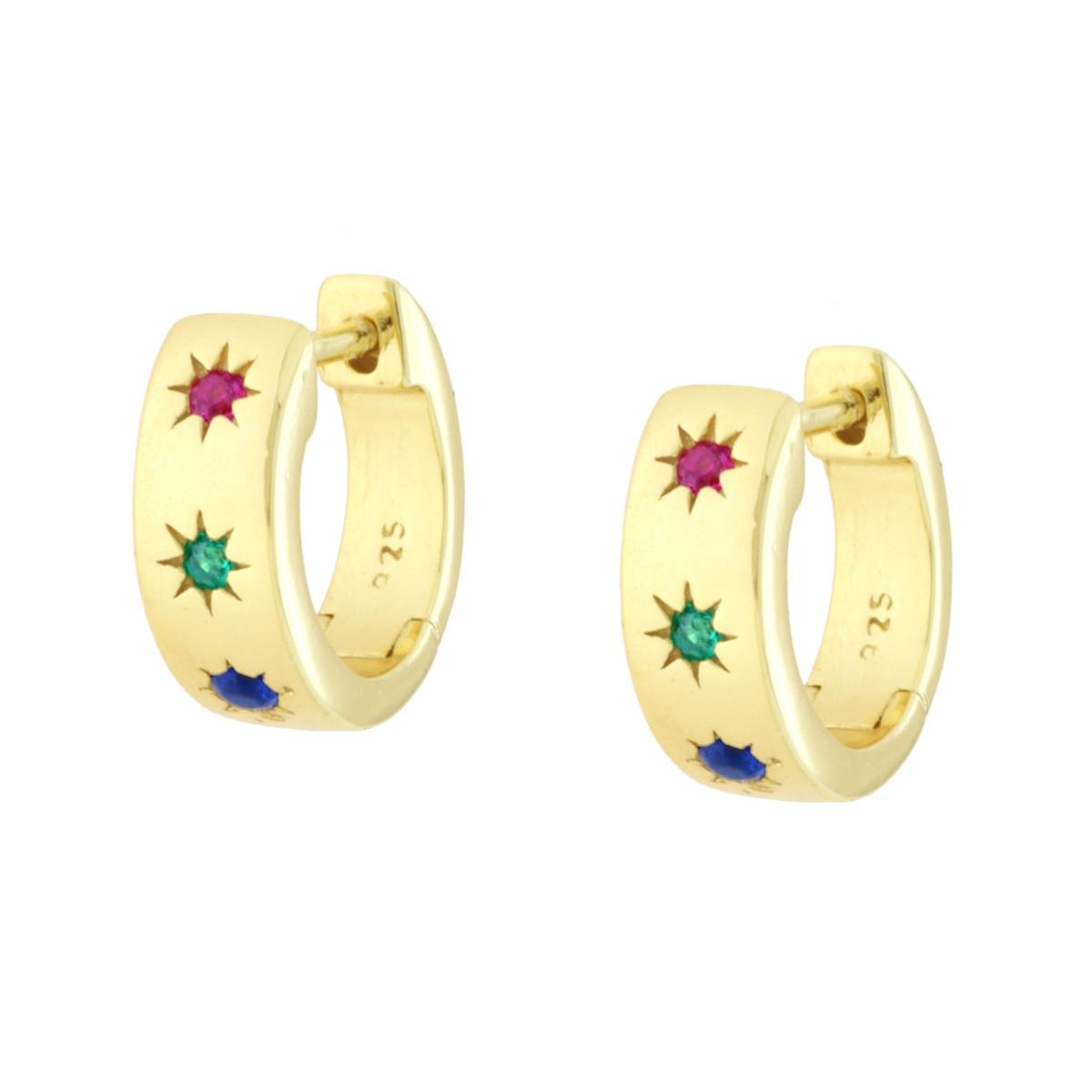 Orecchini Cerchio scattino con Stelle Cubic Zirconia Multicolor in ARGENTO 925 Galvanica Oro