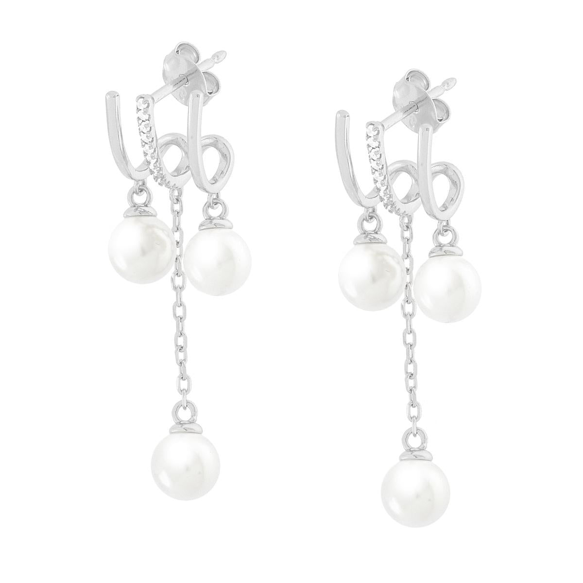 Orecchini Chandelier Perle e Cubic Zirconia Bianchi in ARGENTO 925 Galvanica Rodio