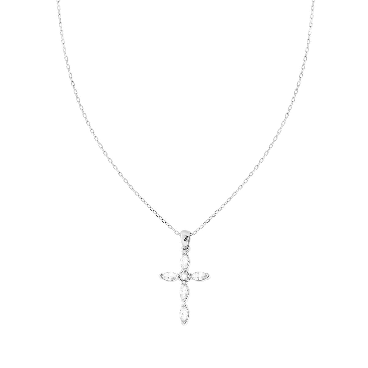 Collana Catena Forzatina Diamantata con Croce e Cubic Zirconia Marquise Bianchi in ARGENTO 925 Galvanica Rodio