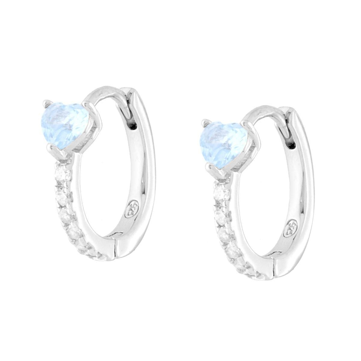 Orecchini Cerchio Scattino con Cuore Acquamarina e Cubic Zirconia Bianchi in ARGENTO 925 Galvanica Rodio
