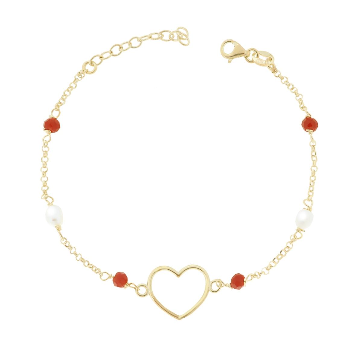 Bracciale Catena Rolo Diamantata Cuore con Crystal Corallo e Perle in ARGENTO 925 Galvanica Oro