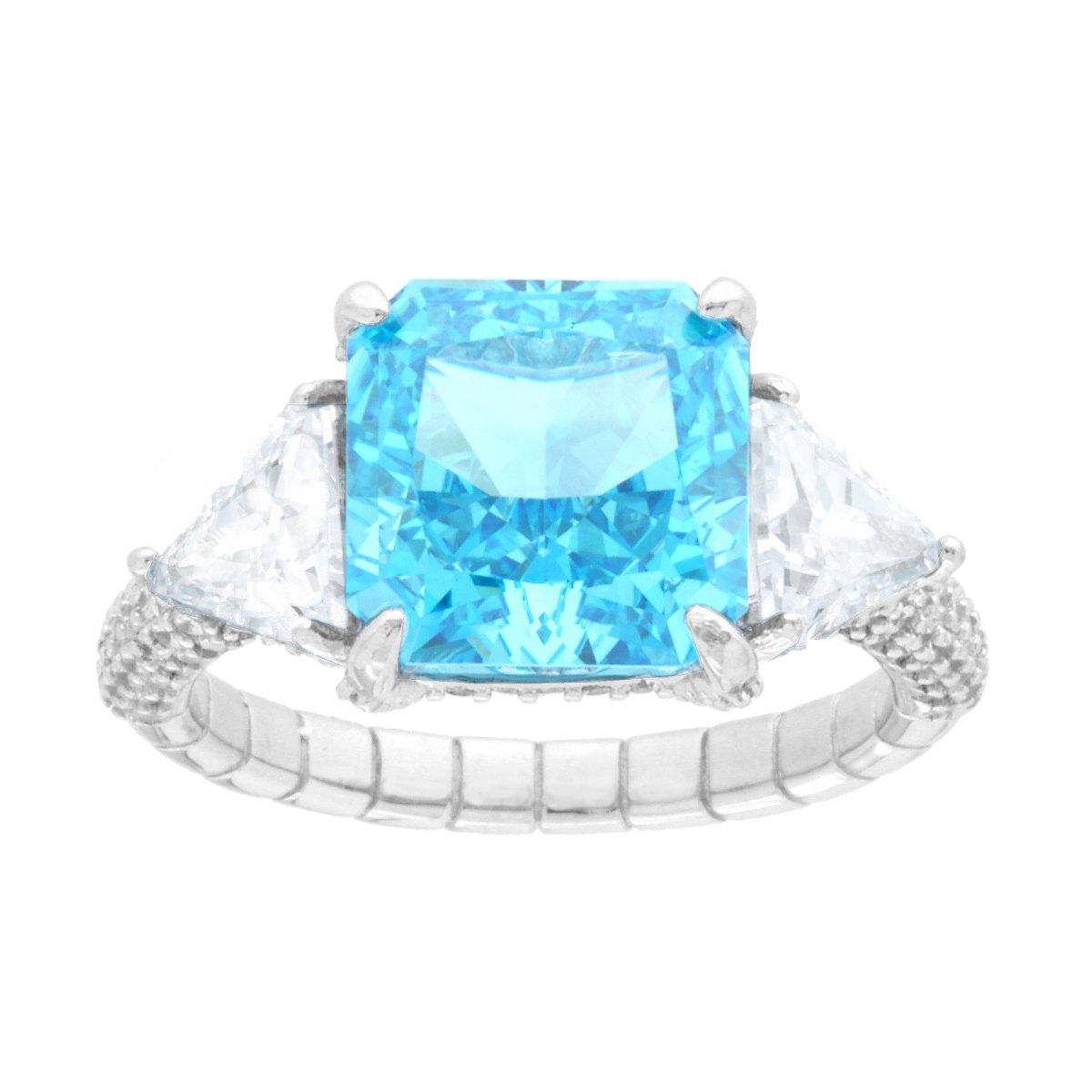 Anello Solitario Quadrato Acquamarina con con Cubic Zirconia Bianchi Triancolari in ARGENTO 925 Galvanica Rodio