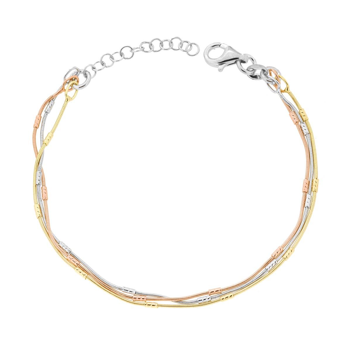 Bracciale tre fili Catena Compressa con Cilindretti Diamantati in ARGENTO 925 Galvanica Rodio Oro e Rosa