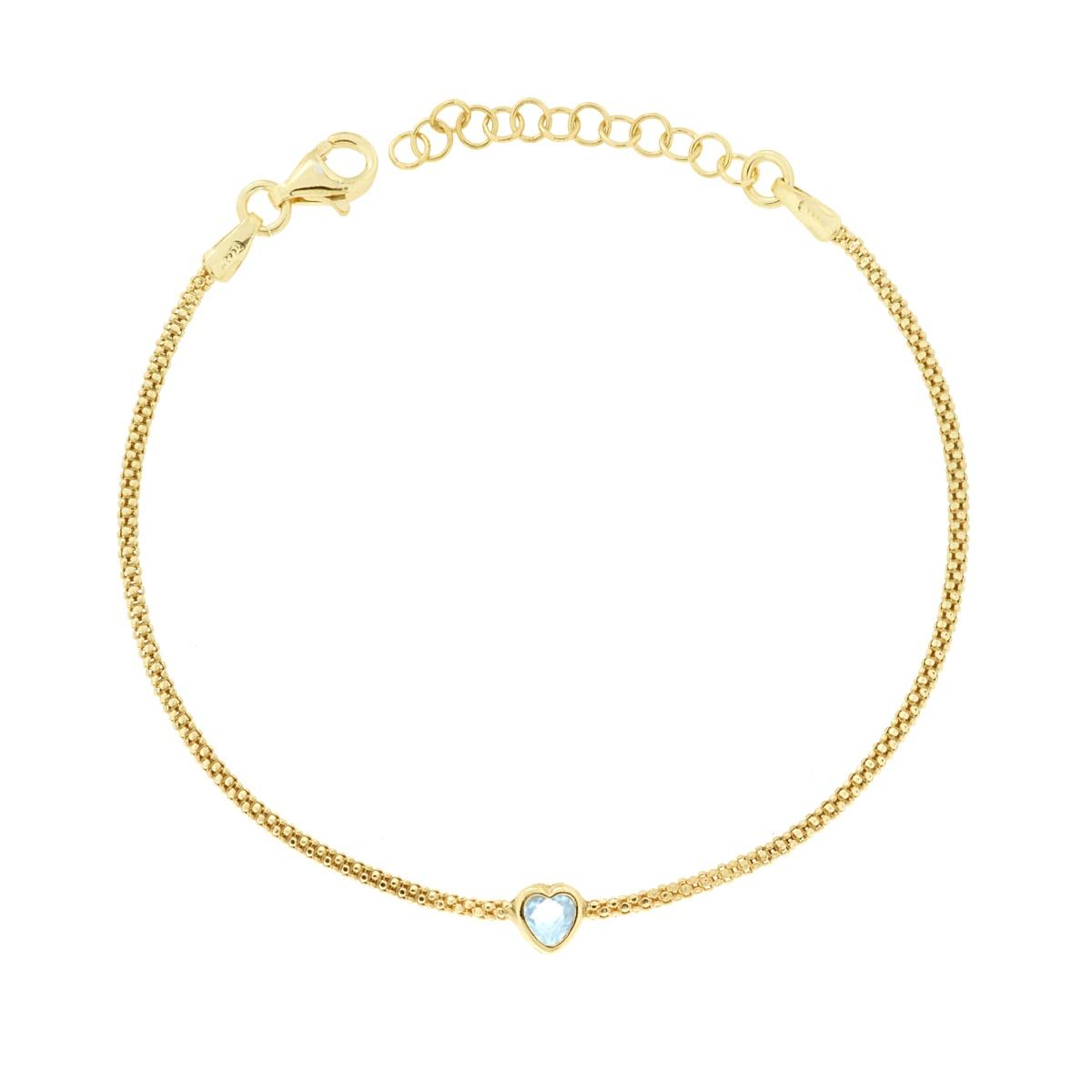 Bracciale Catena Coreana con Cuore Cubic Zirconia Acquamarina in ARGENTO 925 Galvanica Oro