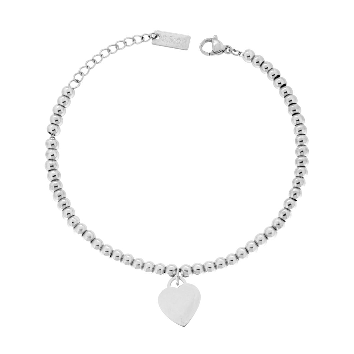 Bracciale Catena con Palline e Cuore Plain mm12 pendente in ACCIAIO