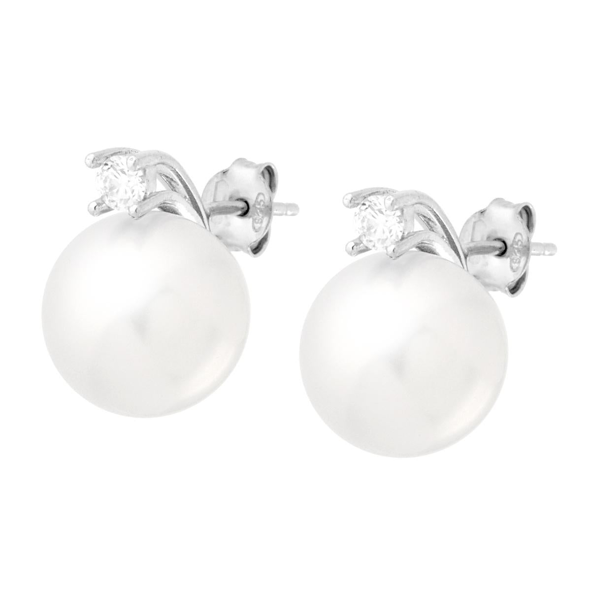 Orecchini Perla mm 12 con Cubic Zirconia Bianco in ARGENTO 925 Galvanica Rodio