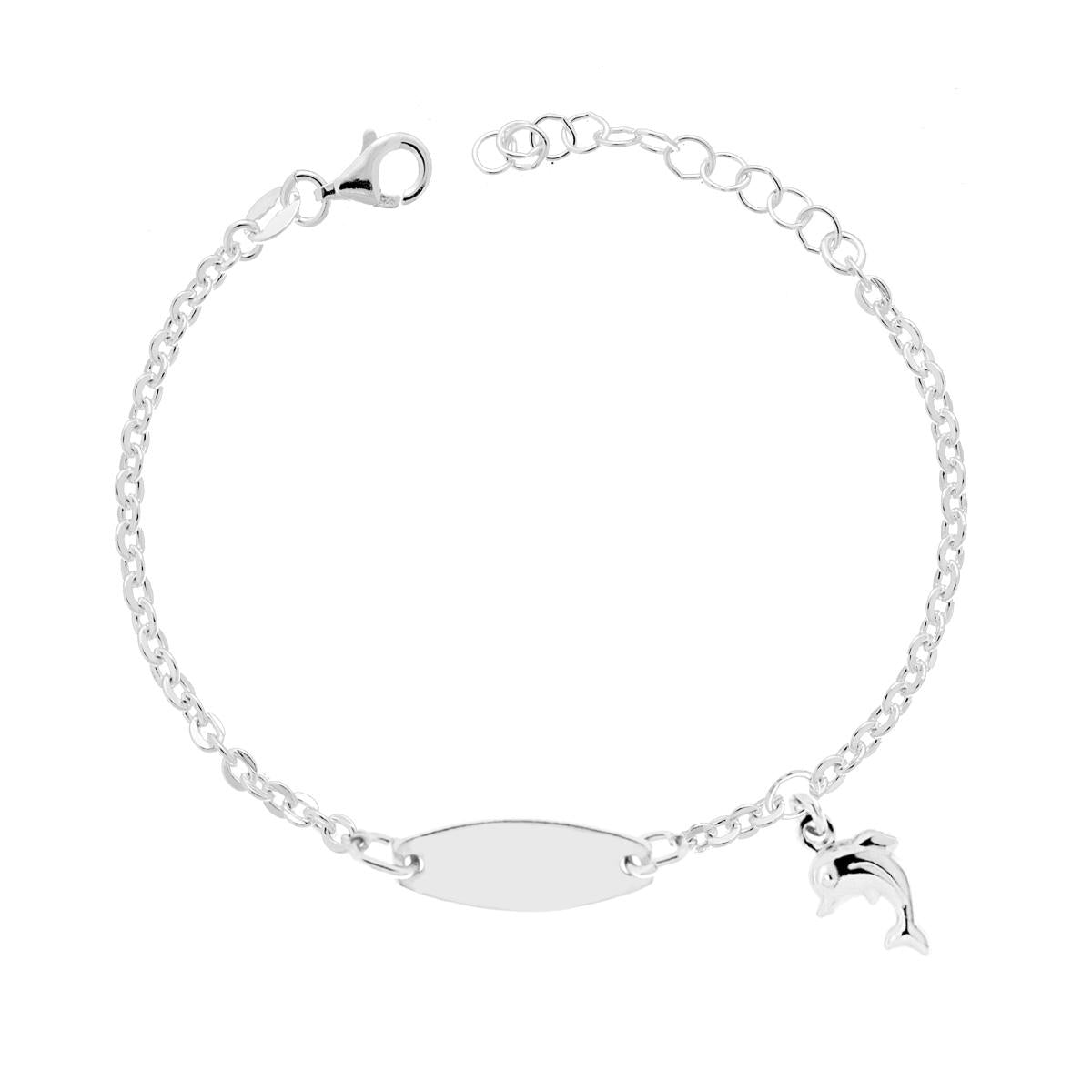 Bracciale Bimbo Bimba Targa Ovale con Catena Forzatina Tonda Diamantata e Delfino Bombato in ARGENTO 925