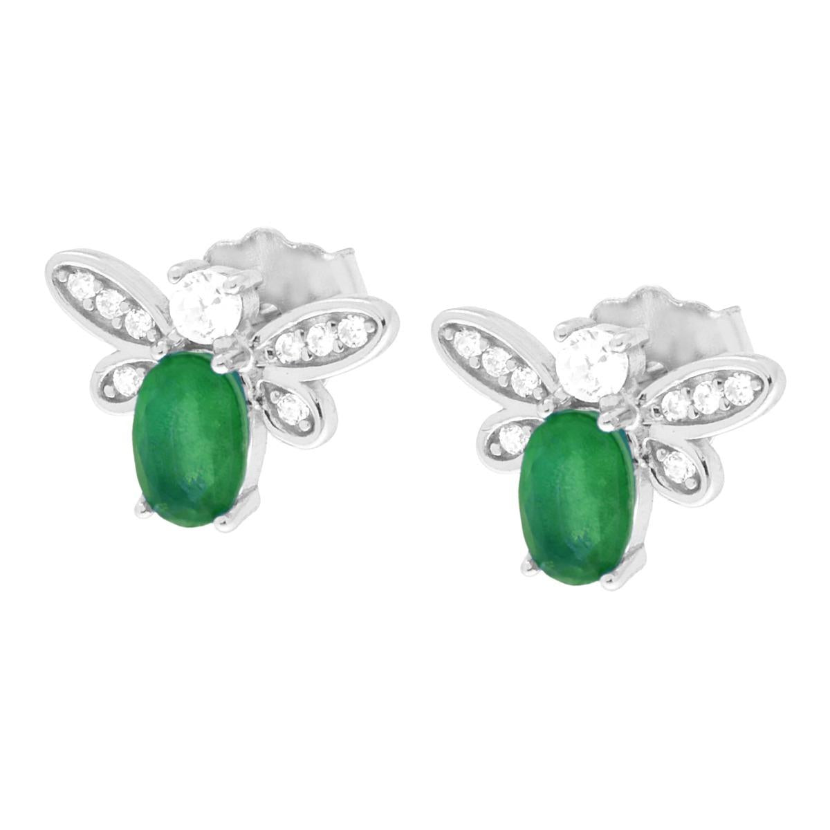 Orecchini Ape con Ovale Verde Smeraldo e Cubic Zirconia Bianchi in ARGENTO 925 Galvanica Rodio