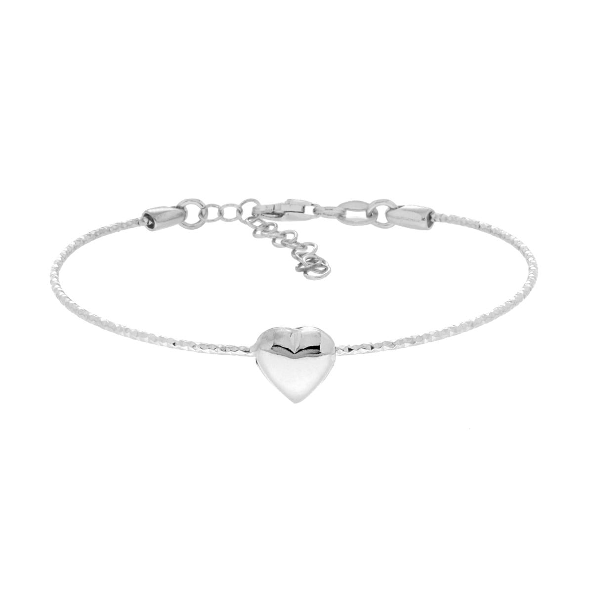 Bracciale Filo semirigido Diamantato con Cuore Bombato in ARGENTO 925 Galvanica Rodio