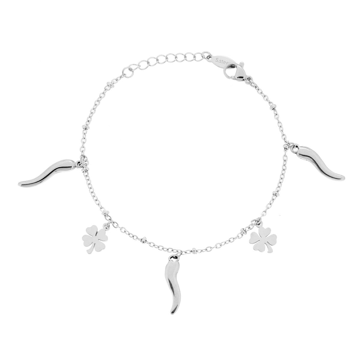 Bracciale Catena Forzatina con Quadrifogli plain e Corni portafortuna in ACCIAIO