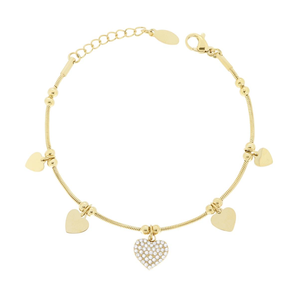 Bracciale Catena Coda di Topo con Cuori plain e Cuore Crystal Bianchi in ACCIAIO colore Oro