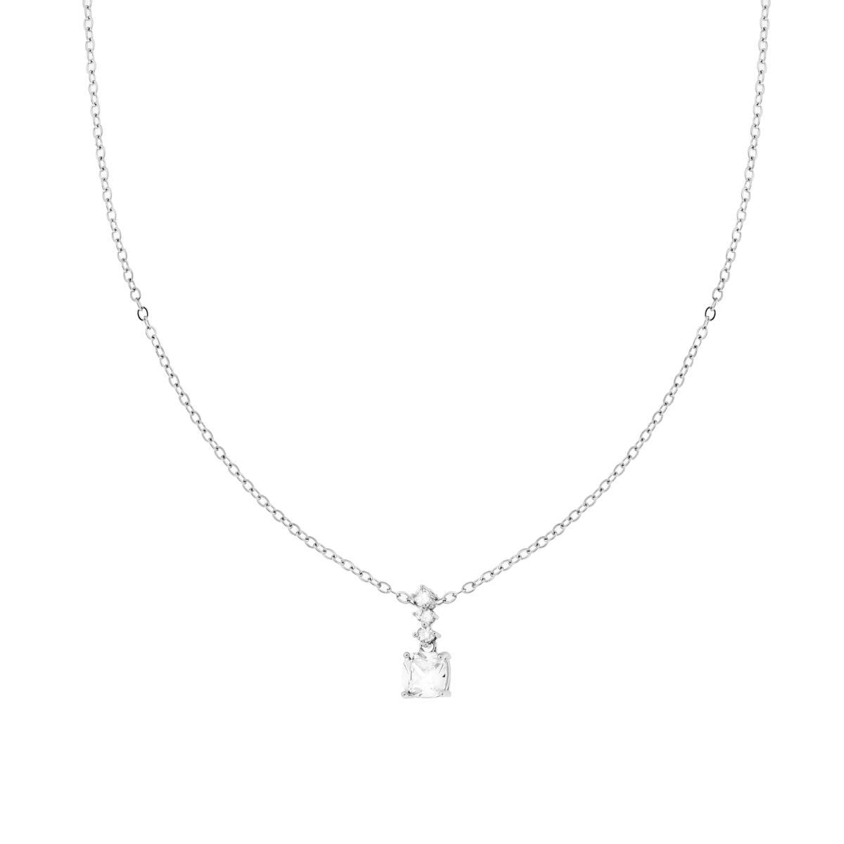 Collana Catena Forzatina Diamantata con Punto Luce Quadrato e Crystal Bianchi in ACCIAIO e OTTONE