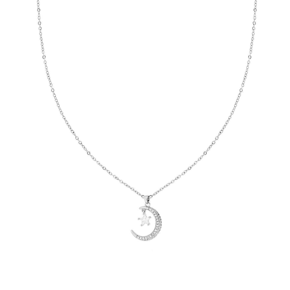 Collana Catena Forzatina Diamantata con Stella Luna e Crystal Bianchi in ACCIAIO e OTTONE