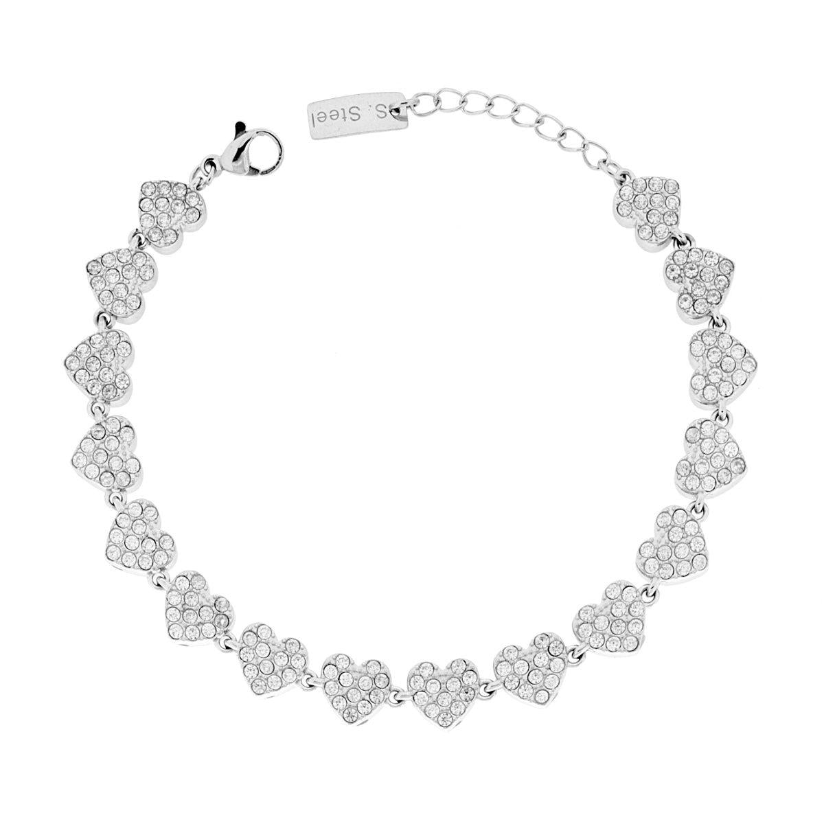 Bracciale Catena di Cuori con Crystal Bianchi in ACCIAIO