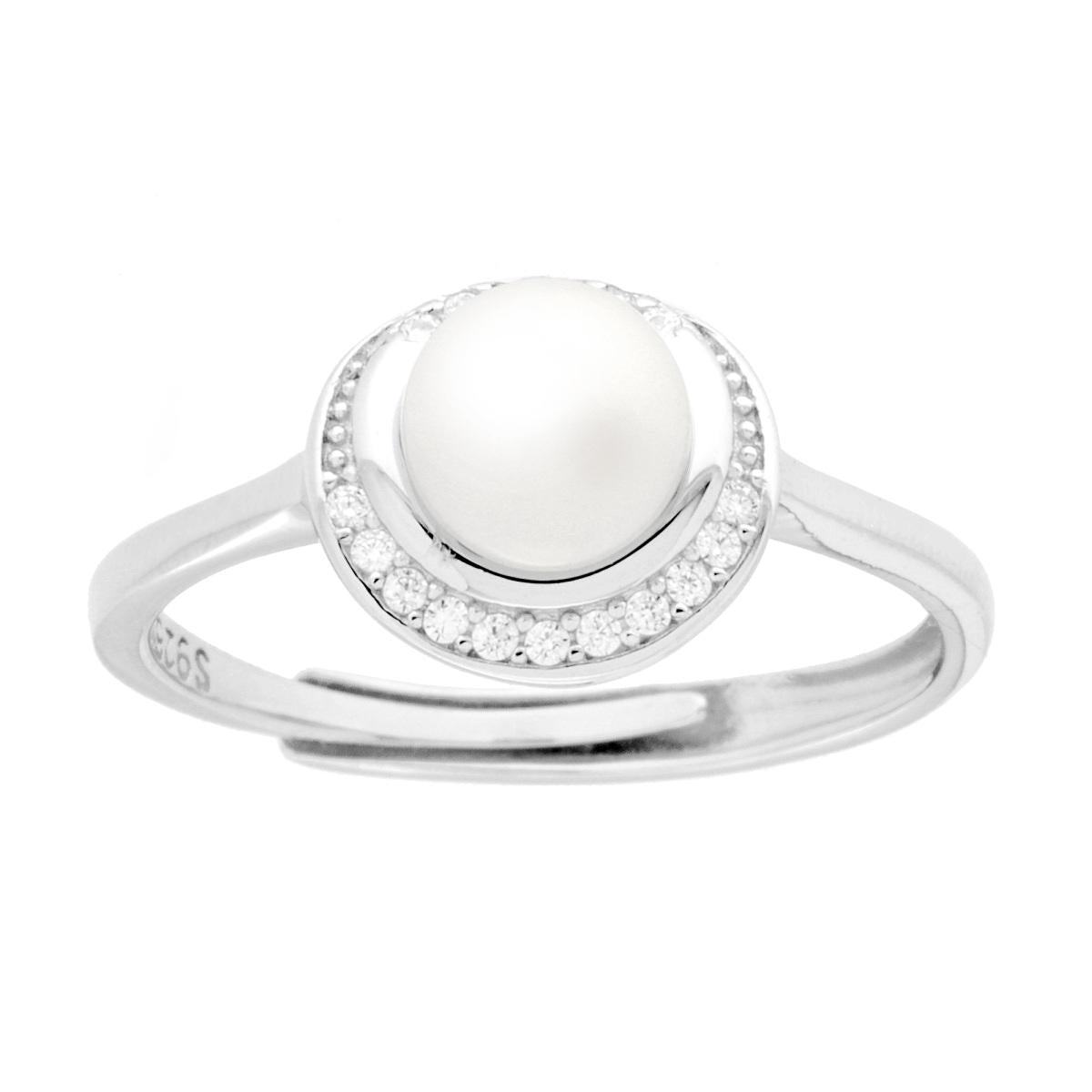 Anello Perla contornata da Cubic Zirconia Bianchi in ARGENTO 925 Galvanica Rodio