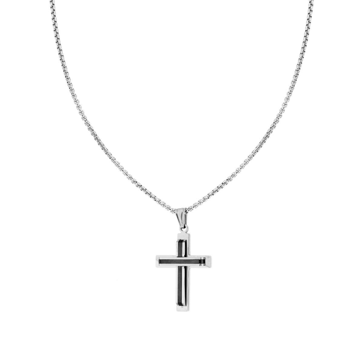 Collana Catena Veneziana Tonda con Croce con Inserto color Nero in ACCIAIO