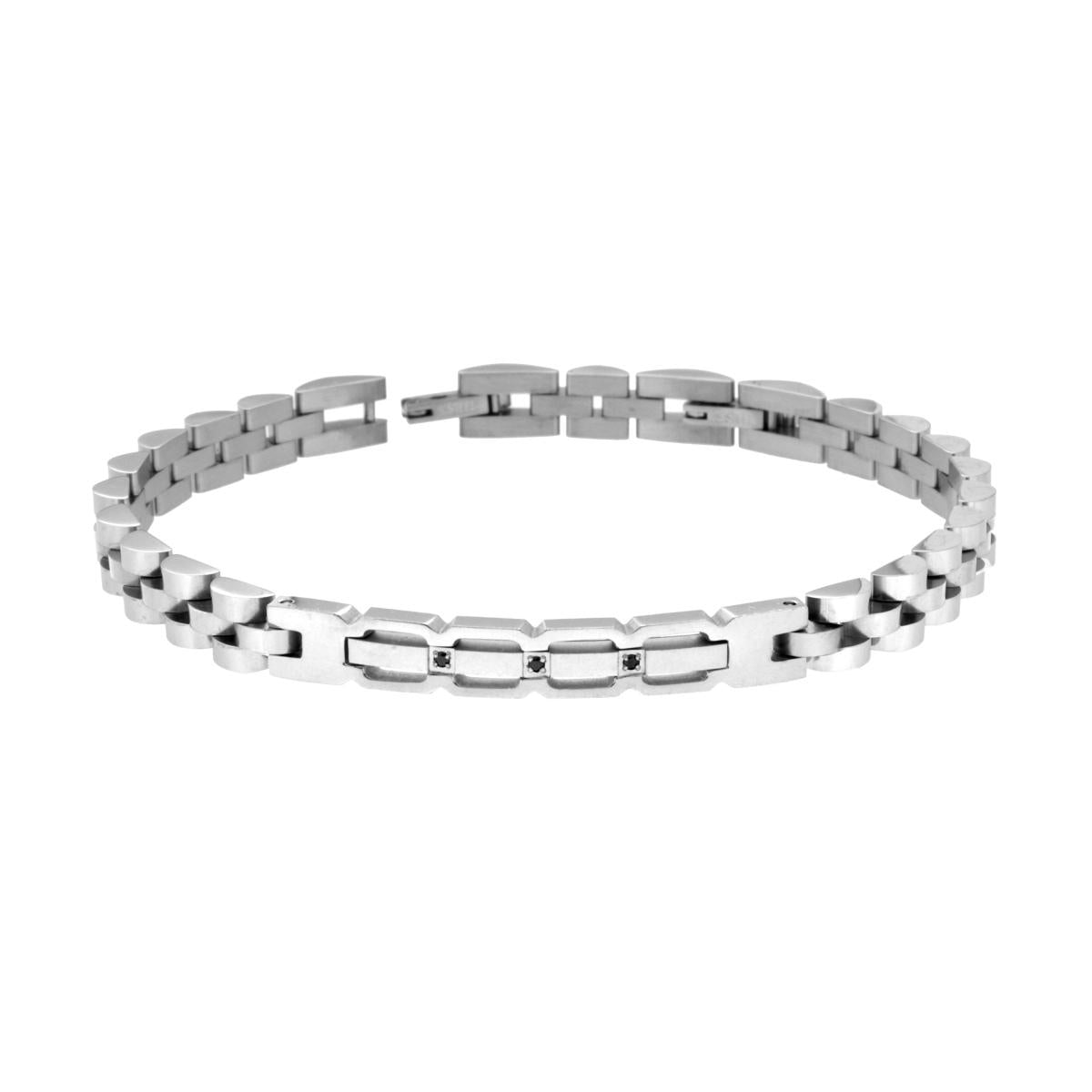 Bracciale Uomo Catena Imperniata con Targa Traforata e Crystal Neri in ACCIAIO