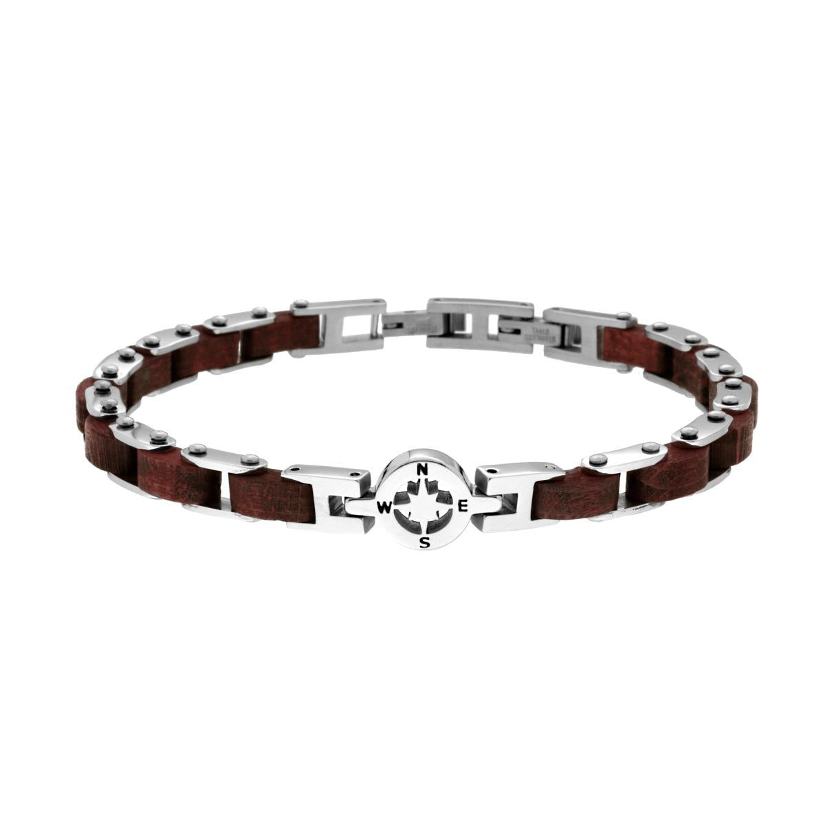 Bracciale Uomo Catena Imperniata in Legno con Rosa dei Venti in ACCIAIO