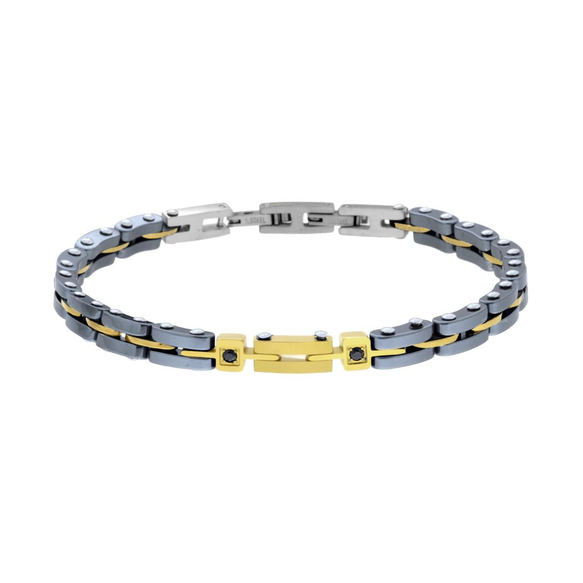 Bracciale Uomo Catena Imperniata in Ceramica Antracite e colore Oro con Crystal Neri in ACCIAIO