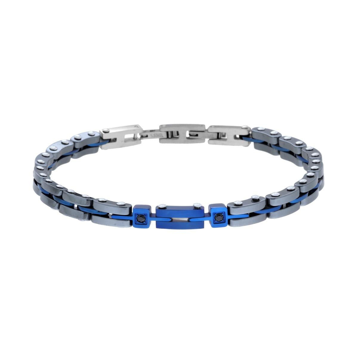 Bracciale Uomo Catena Imperniata in Ceramica Antracite e colore Blu con Crystal Neri in ACCIAIO