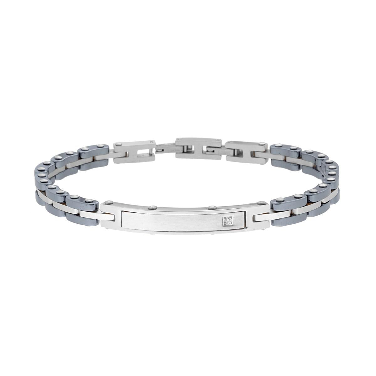Bracciale Uomo Catena Imperniata in Ceramica Antracite con Targa e Crystal Bianco in ACCIAIO