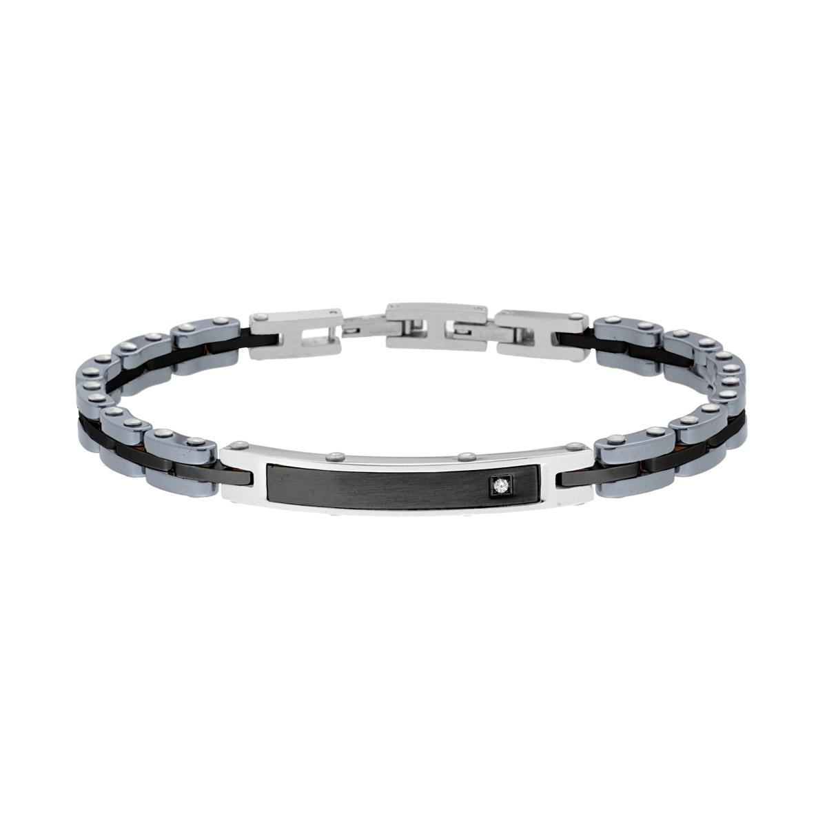 Bracciale Uomo Catena Imperniata in Ceramica Antracite con Targa colore Nero e Crystal Bianco in ACCIAIO