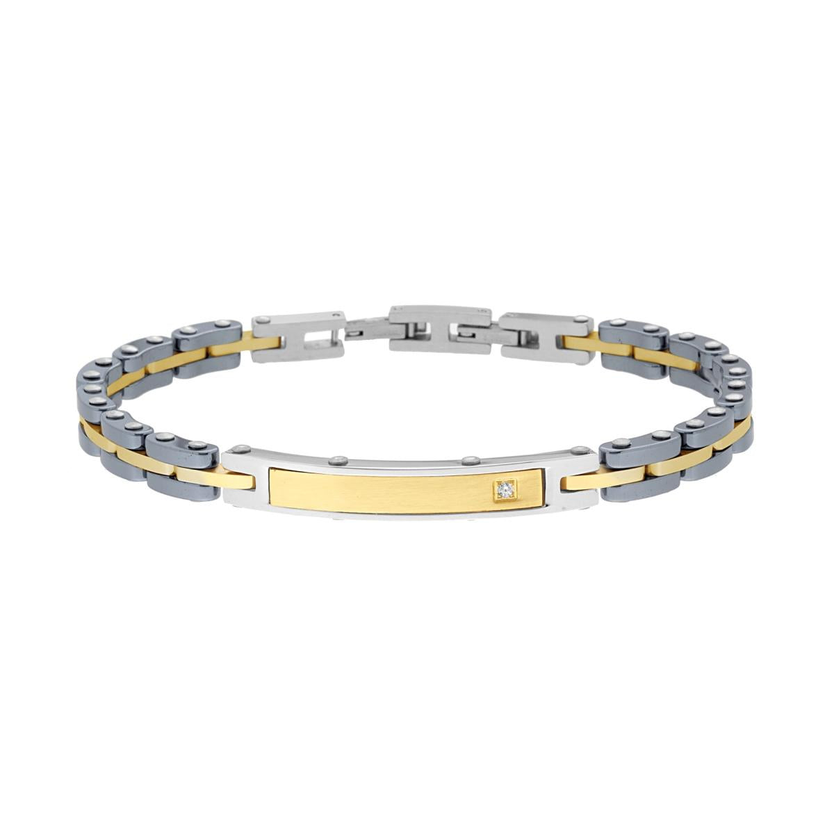 Bracciale Uomo Catena Imperniata in Ceramica Antracite con Targa colore Oro e Crystal Bianco in ACCIAIO