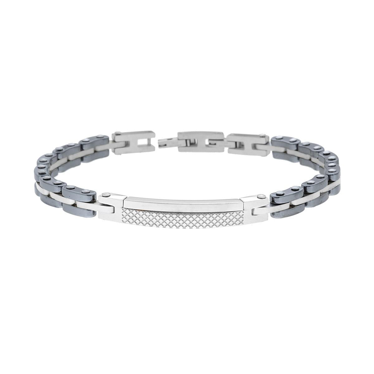 Bracciale Uomo Maglia Imperniata in Ceramica Antracite con Targa in ACCIAIO