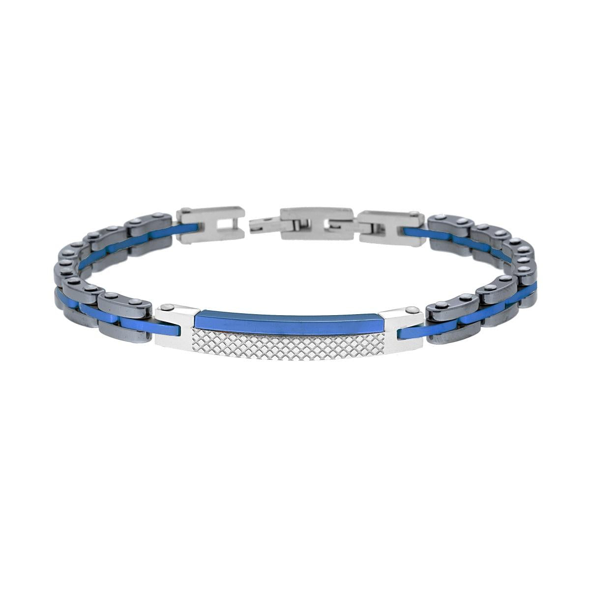 Bracciale Uomo Catena Imperniata in Ceramica Antracite e Blu con Targa in ACCIAIO