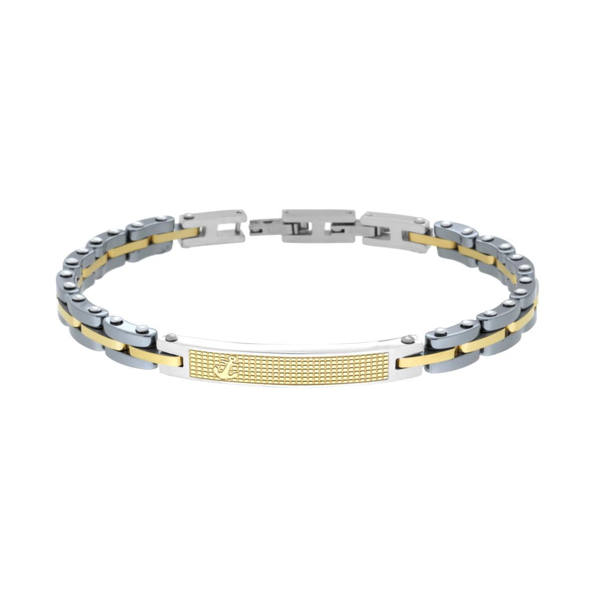 Bracciale Uomo Catena Imperniata con Ceramica Antracite Targa Oro e Ancora in ACCIAIO