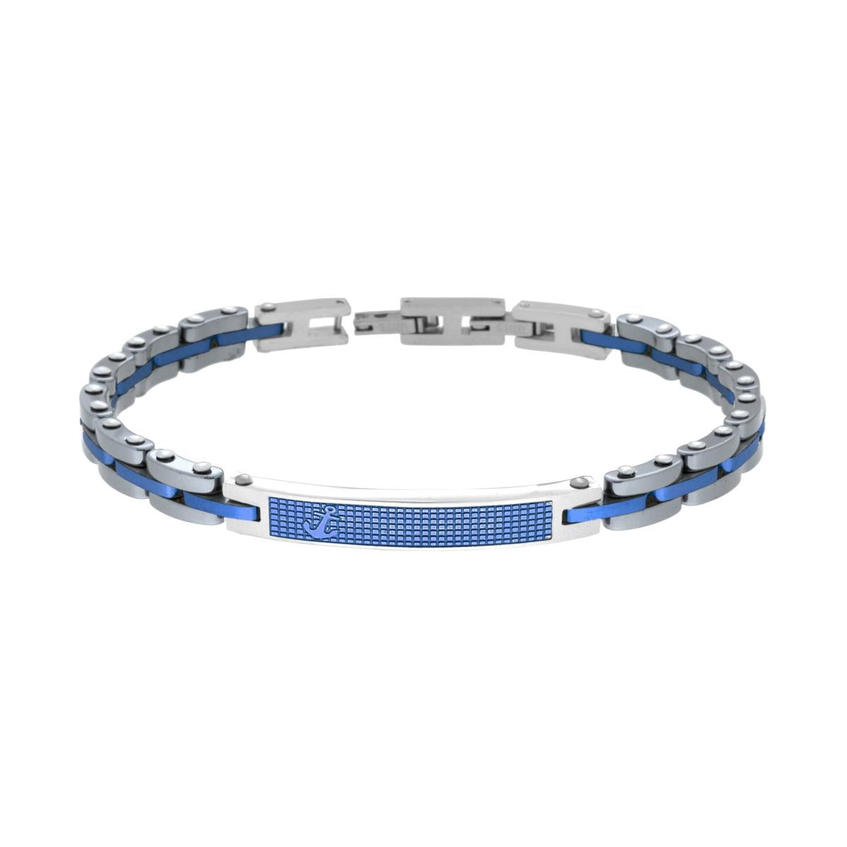 Bracciale Uomo Catena Imperniata con Ceramica Antracite Targa Blu e Ancora in ACCIAIO